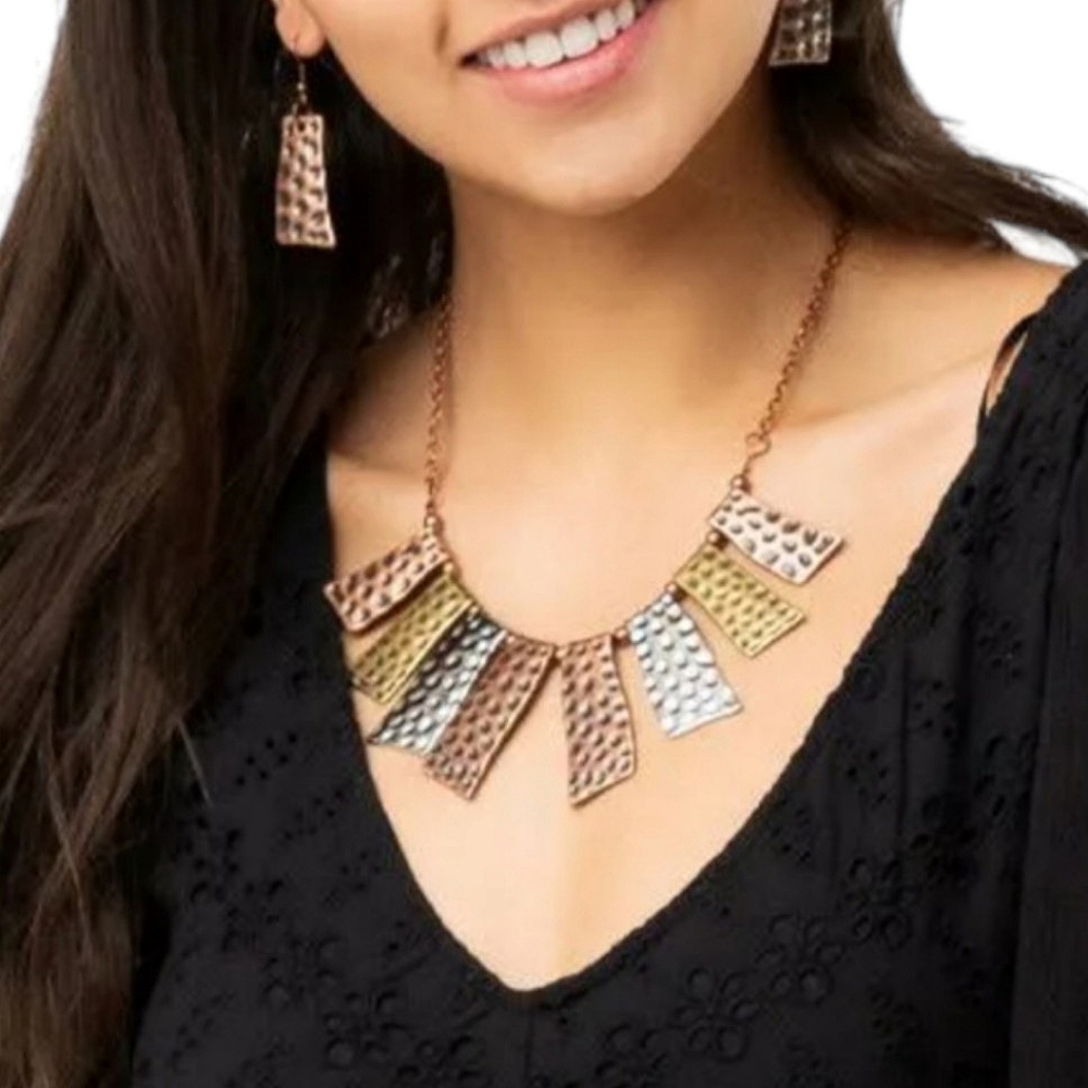 A Fan Of The Tribe Hammered Metal Necklace & Earrings Combo Costume Jewelry